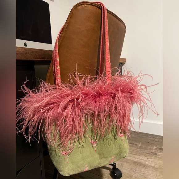 Pink with Martinis/ green with flamingos reversible tote with ostrich feathers - Picture 6 of 6